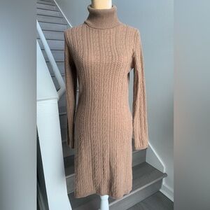 Sofia Cashmere Brown Cable Knit Turtleneck 100% Cashmere Sweater Dress